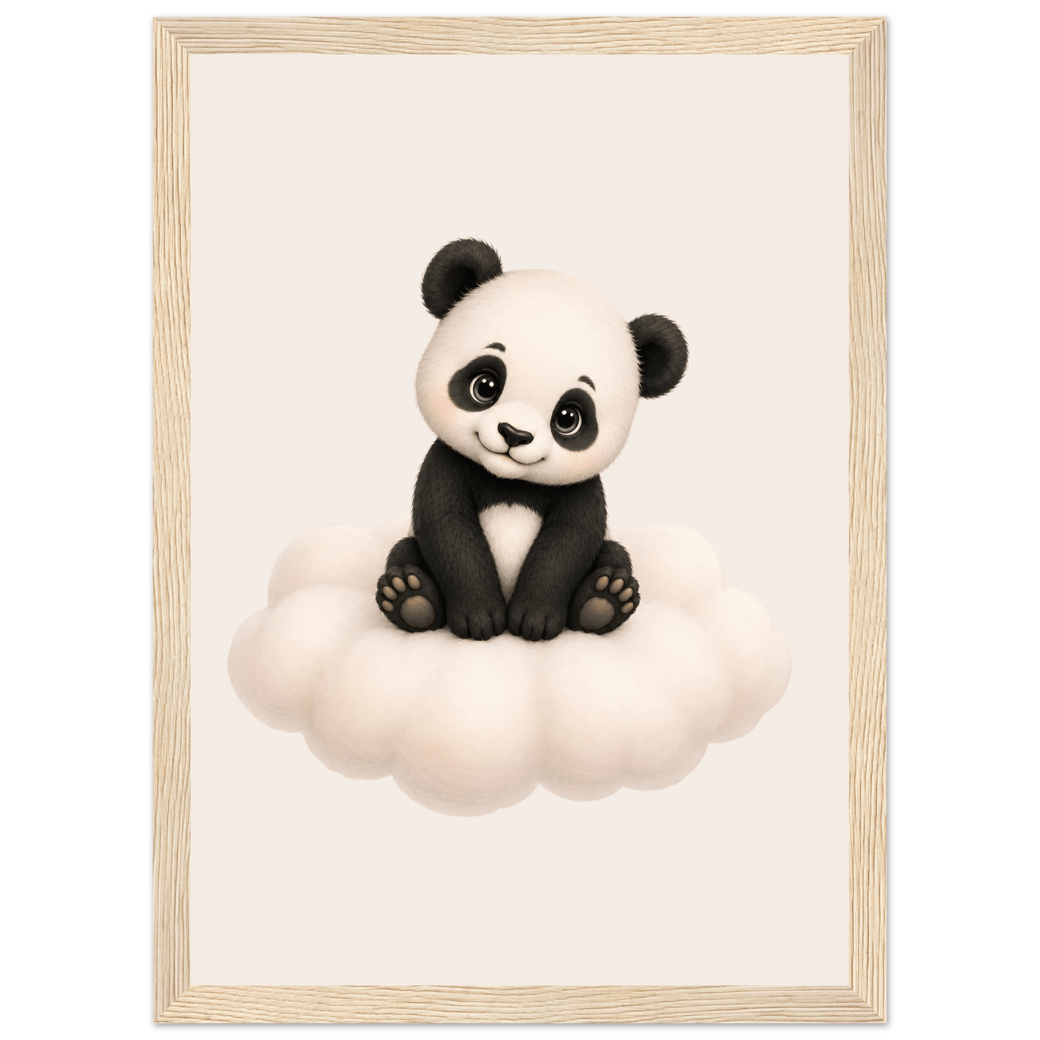 Söt panda på moln poster-21x29.7 cm / 8x12" / Med ram / Ljust trä