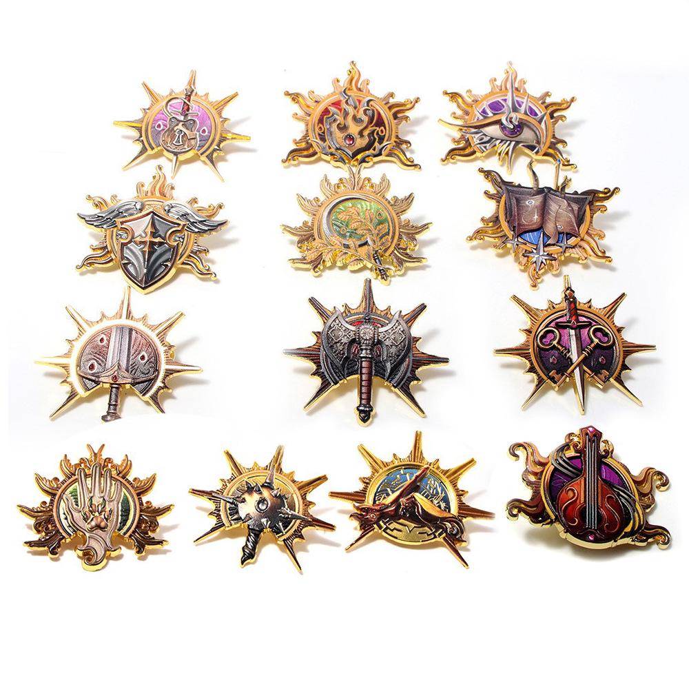 Baldur's Gate 3 Klassmärke Set: Paladin, Skurk, Trollkarl, Bard, Häxmästare, Krigare - Metallbrosch beige