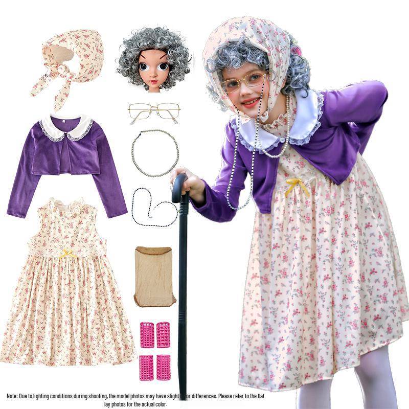Barnens Karneval Mormor Kostym - Blommig Klänning Tillbaka till Skolan Outfit 120cm