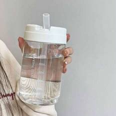 1 st sommarvattenflaska med sugrör, 550 ml plastmugg med mått, bärbar återanvändbar sugrörsmugg, läckagesäker resevattenmugg, kaffeterapimugg med tryc - Multifärgad (Grå koppborste - 1 styck,Vitt lock transparent kopp - 1 styck)