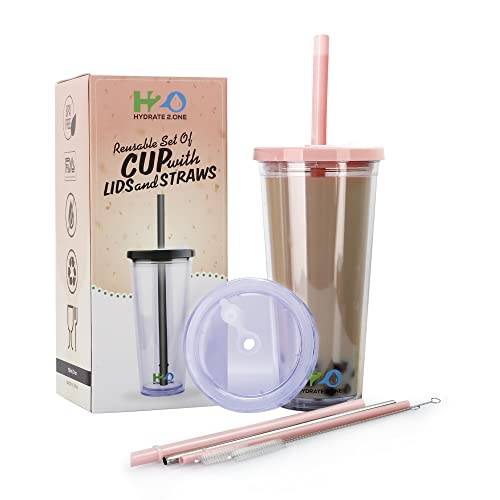 Kopp Med Sugrör Och 2 Lock – Mugg för Iskaffe, Bubble Tea, Smoothie, Milkshake – 700 ml, Isolerad Med Dubbla Väggar, BPA-fri Plastkopp, Läckagesäker, Återanvändbar Transparent