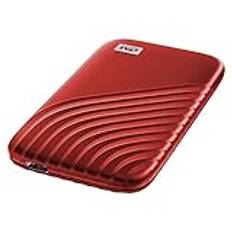 WD My Passport SSD 500GB Bärbar SSD, Extern NVMe Solid State-enhet, läs- och skrivhastigheter på upp till 1050 MB/s och 1 000 MB/s. Säkerhetskopieringsprogramvaran som är integrera, Röd