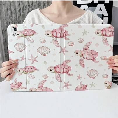 1 st sött rosa akvarellkonsttryck med havssköldpadda, snäcka och sjöstjärna, bokstil flip-tabletskal med flervinkligt ställ, skyddande cover med pennh - Multifärgad (Multi-size)