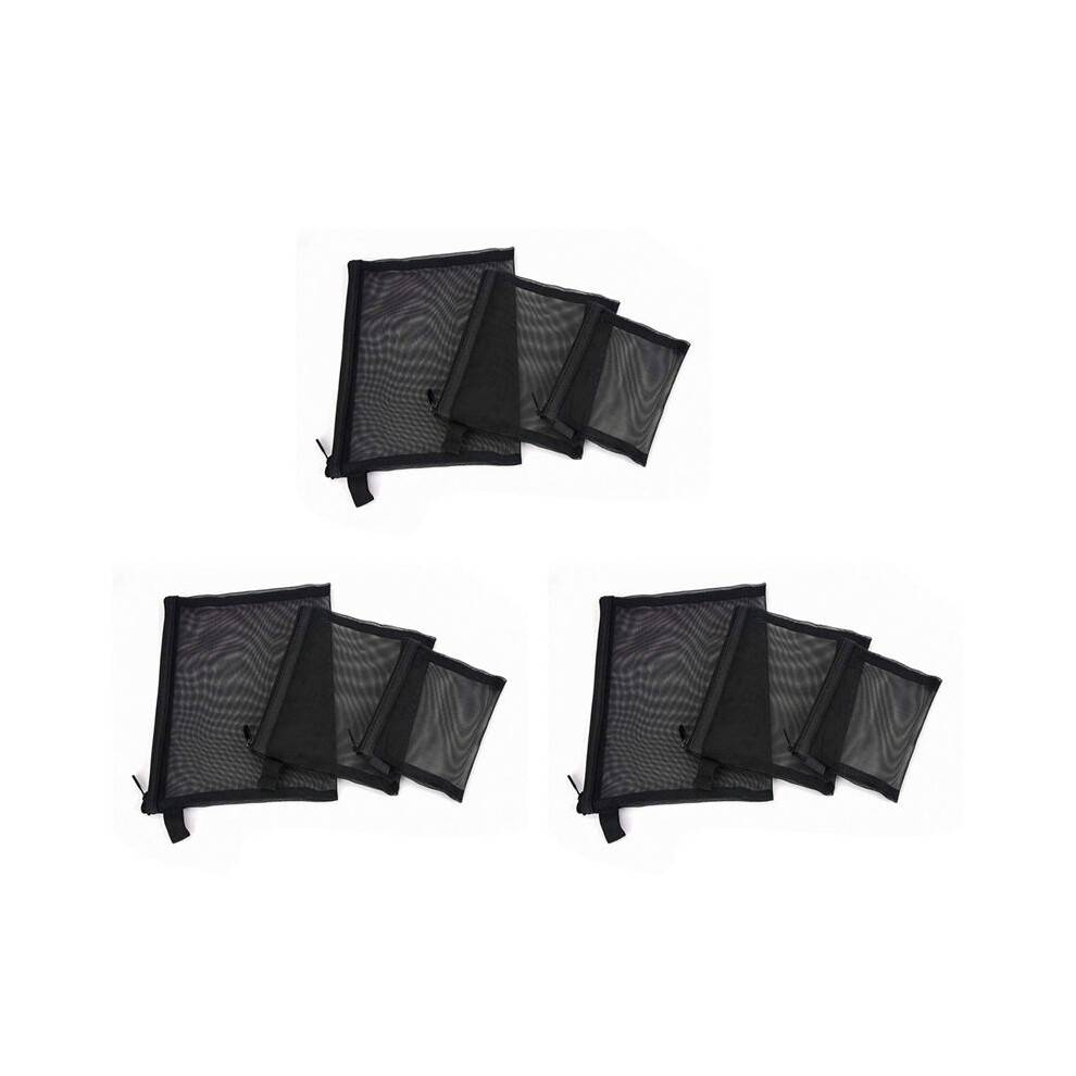 Zipper Mesh Bags, Pack of 9 (S/M/L), Beauty Makeup Cosmetic Accessories Organizer, Travel Toiletry Kit Set Pouch, Black