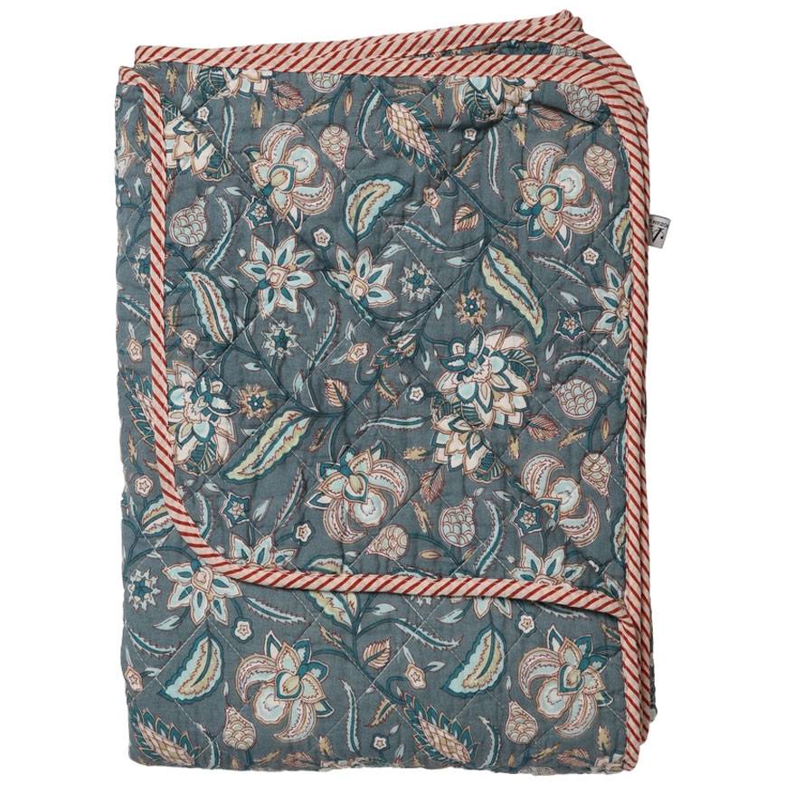 Ethnic plaid stor blomst-mørk blå 140x180cm