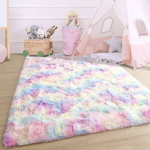 Osifoo mattor lyxig fluffig regnbåge matta, mjuk plysch barn tvättbar matta för vardagsrum sovrum säng, regnbåge 200 x 100 cm
