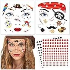 DPKOW Pirater ansiktsservetter karneval piratdräkt tillbehör, pirater tillfälliga tatueringar strass ansikte smink pirater tillbehör barn halloween tatuering ansikte karneval maskeraddräkter