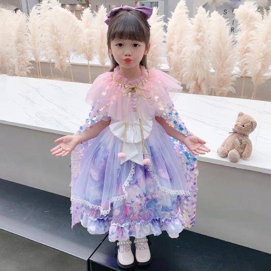 Flickor Sjöjungfru Paljetter Kappa Justerbar Tyllkrage Lös Scenföreställning Cosplay Kostym Barn Karnevalsfest Utklädnad Prinsesskappa Sjal rosa
