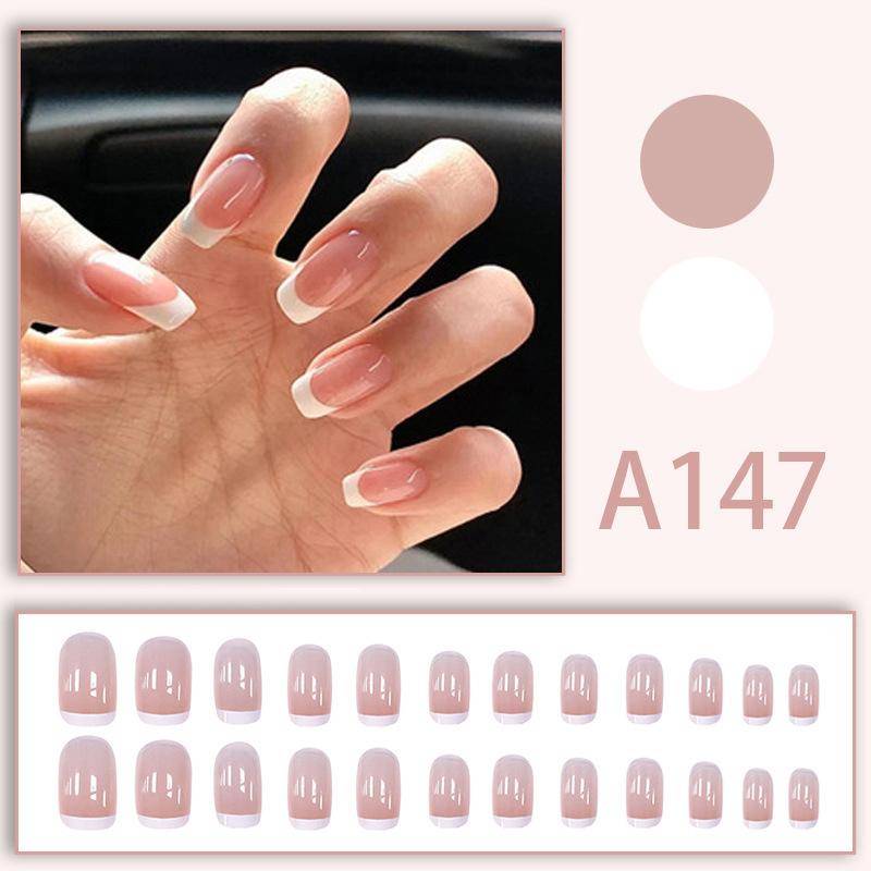 24 st/set Barn Roliga Söta Bärande Lösnaglar Fräscha Ljusa Avtagbara Tryck På Nageltips Full Täckning Franska Akryl Lösanaglar beige