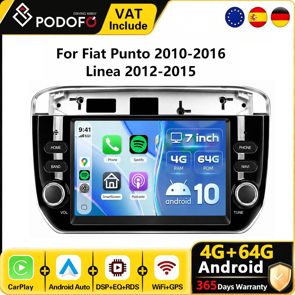Podofo 7" CarPlay Android Radio For Fiat Punto 2010-2016 Linea 2012-2015 Car Intelligent System 2din GPS Stereo Receiver WiFi FM RDS Autoradio 6G+128G Car Multimedia Player Dash Board Head Unit