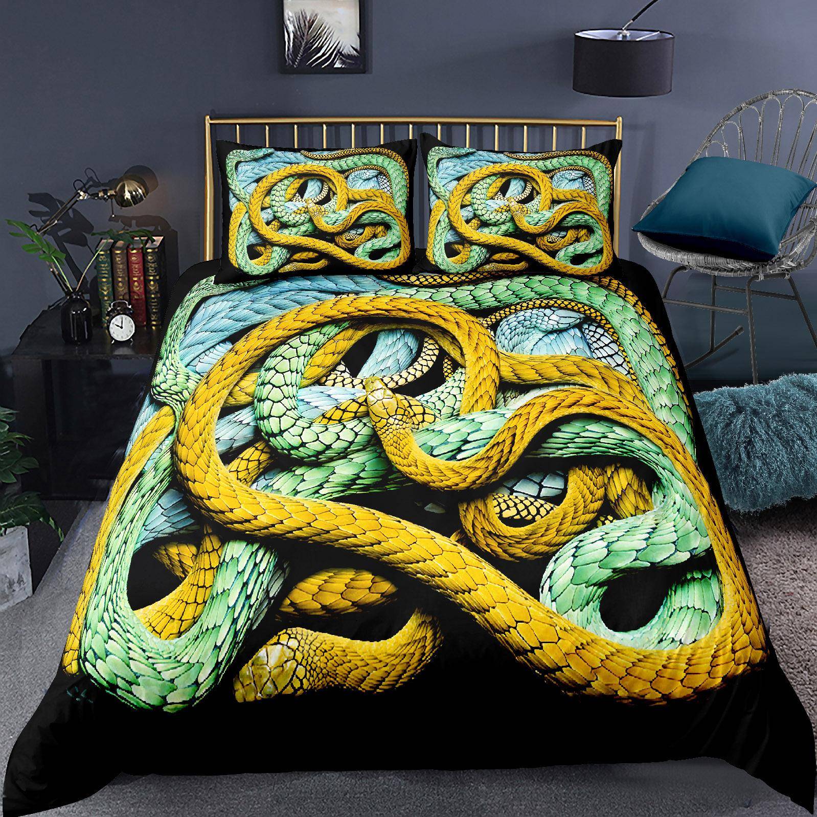 3D Orm Påslakanset för Barn Pojkar Tonåringar Grön Orm Påslakan 3D Reptiltryck Sängkläder Vilda Djur Täcke 140X210cm 2PCS