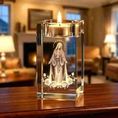 2D platt akrylornament med Jungfru Maria, transparent kvadratisk religiös akryl ljushållare, katolsk kristen bordsdekoration för bön, dop-, begravning - 5*5*10 cm Madonna-ljusstake