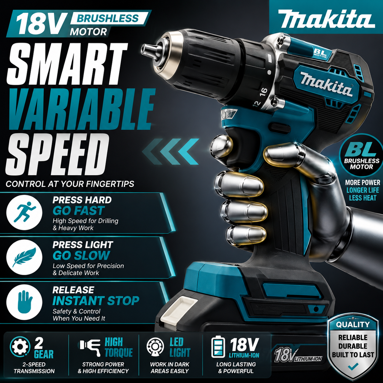 100% Makita Origina DDF487 Cordless Driver Drill Brushless Electric Impact Screwdriver 18V Rechargeable Power Tool -Makita 18V Battery DDF487 Brushless Electric Drill, Suitable for Five-rope Impact