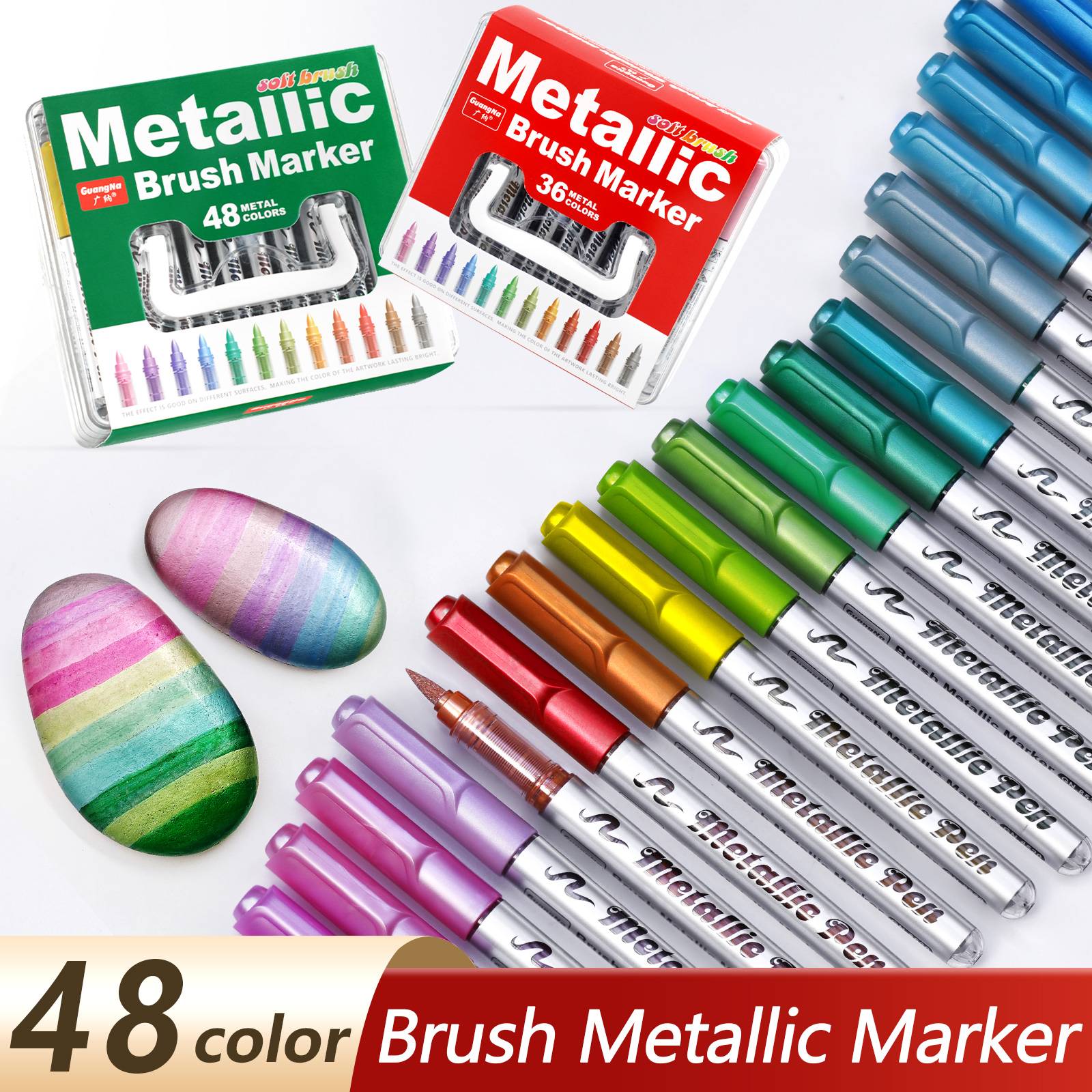 GuangNa 12/24/36/48Pcs Metallic Acrylic Marker Pens Permanent Paint Pen Brush Tip for Rock Painting, Black Paper, Scrapbooking