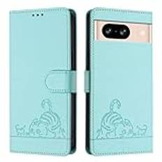 JZ För Pixel 8 Konstläder Flip Cover Plånbok Fall [Lazy Cat][Wrist & Neck Strap][Card Holder][Kickstand] För Google Pixel 8 Case - Mint Green