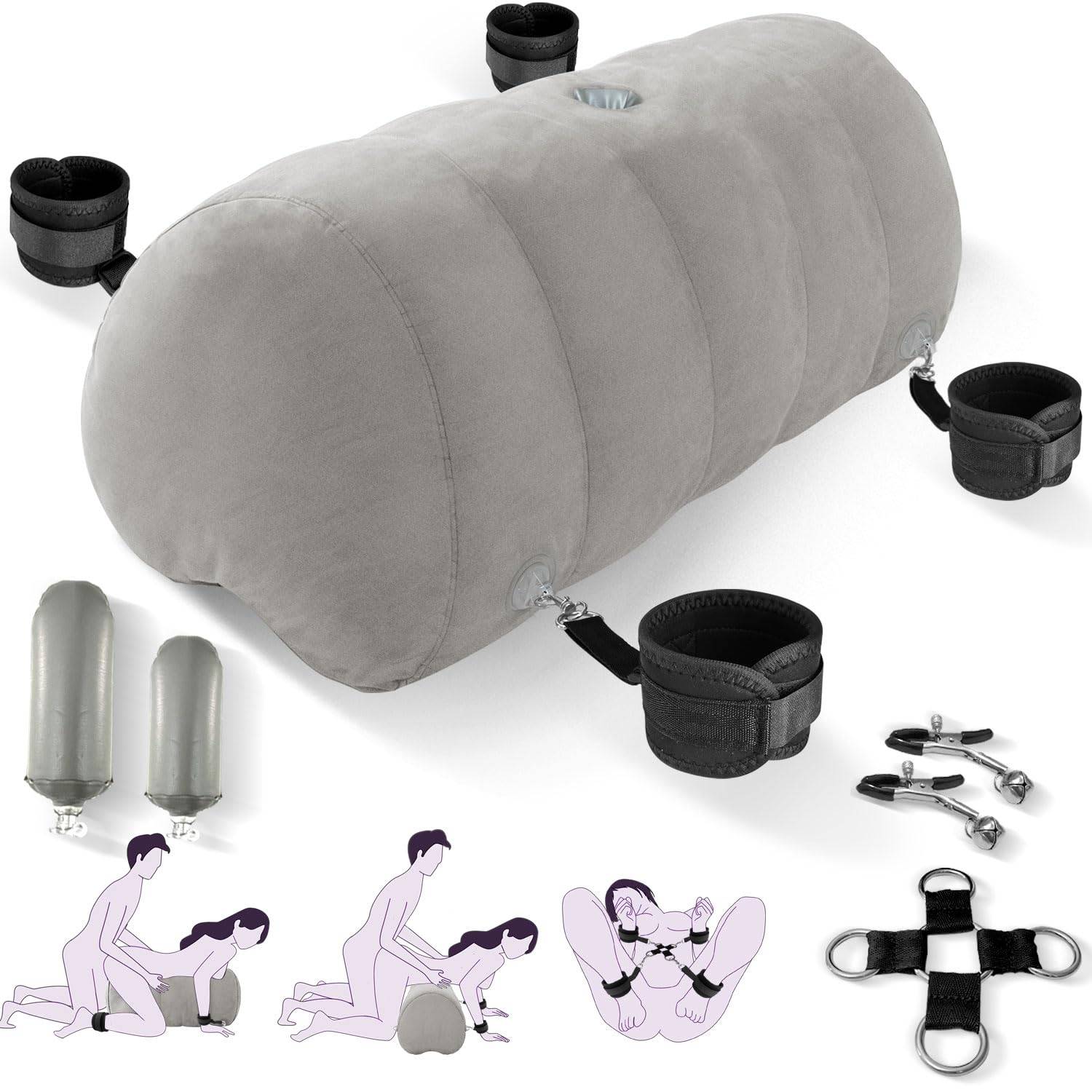 SuperLove Inflatable Sex Pillow with Dildo Mount & Cuffs Grey.