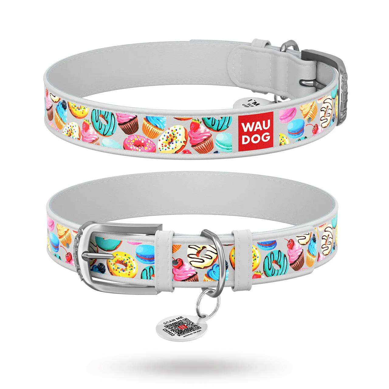 Waudog Donut - Läderhalsband Vit - white