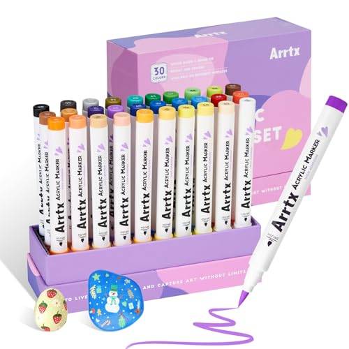 Arrtx Akrylpennor för stenar, målning, 30 färger, vattentäta akrylpennor, markörpenselspets, snabbtorkande akrylfärger, pennor för stenar, keramik, glas, trä, duk, gör-det-själv fotoalbum