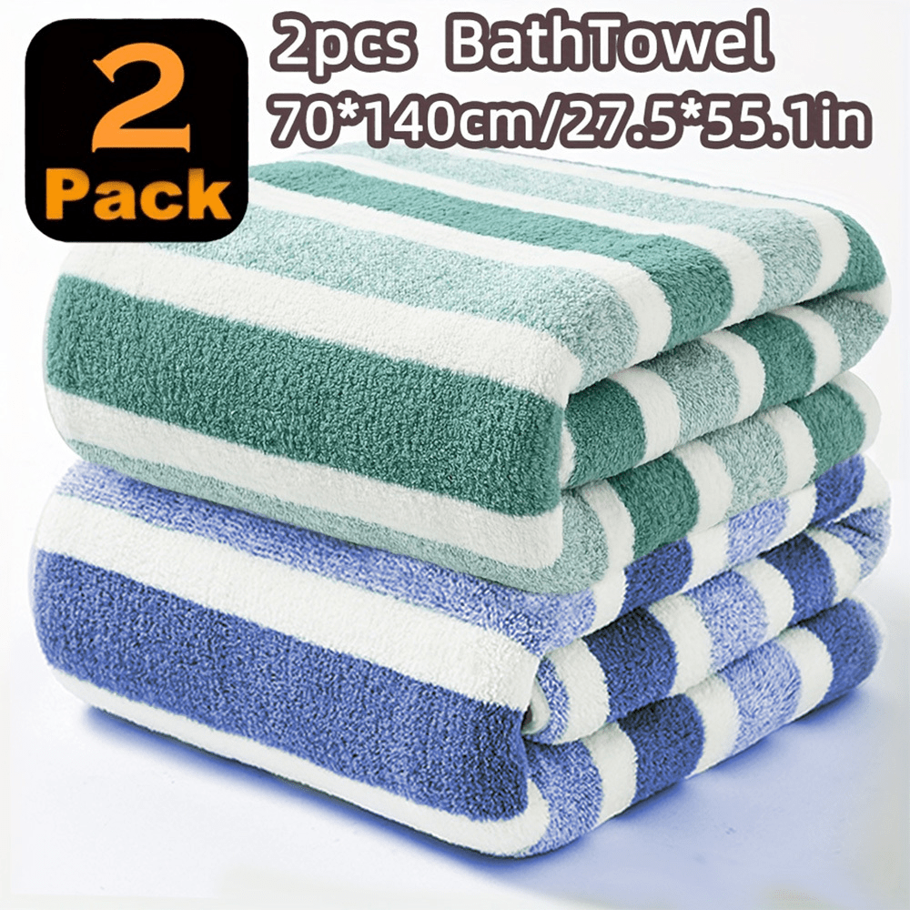 2pcss Striped Towel Set, 70x140cm | 2pcss Coral Fleece Towel Set, Thickened Soft Striped Towels, Quick-dry Absorbent Multifunctional Bath Towels