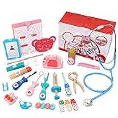 Doctor Kit för barn 3 + trä lekset läkare pedagogiska barn läkare juice bärbar spela portör läkare spel, doktor kit för småbarn 3–5