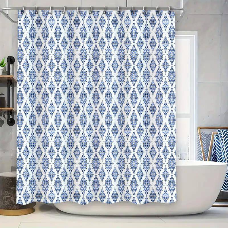 Boho Duschdraperi Blått Medelhavsmönster Badrumsinredning Turkos Kusttvättbar Tygfoder Set gray