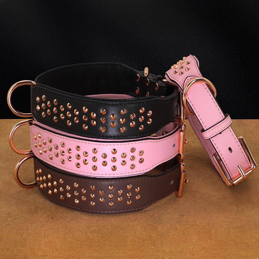 Justerbar Hundläderhalsband Coola Spikar Hundhalsband Metallnit Husdjursaccessoar Hållbar för Utställning Lek Medelstora Stora Hundar Pitbull rosa