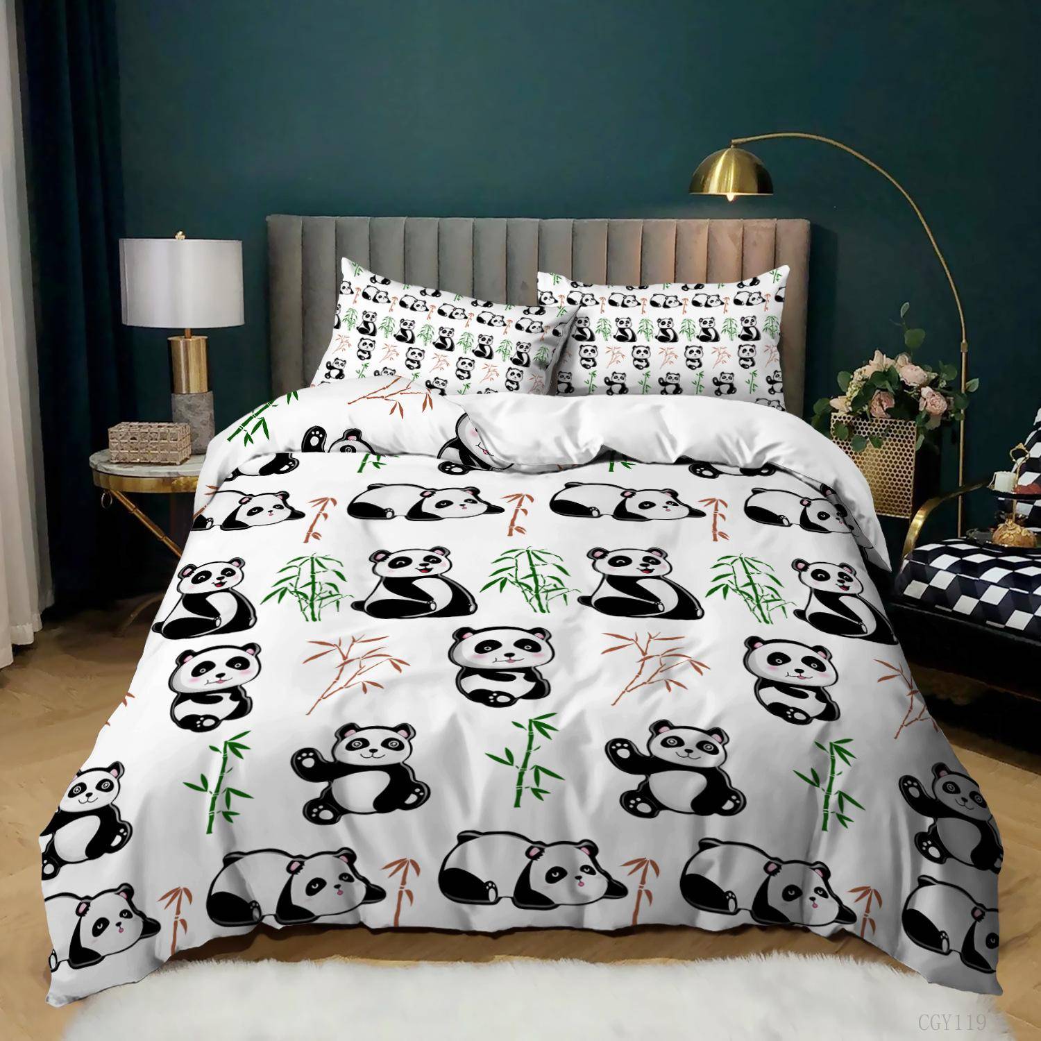 Panda Påslakan Tecknad Panda Tryckt Sängklädesset För Barn Pojkar Flickor Mikrofiber Söt Djur Täcke Örngott 2/3st Full Storlek EU Double(200x200cm)