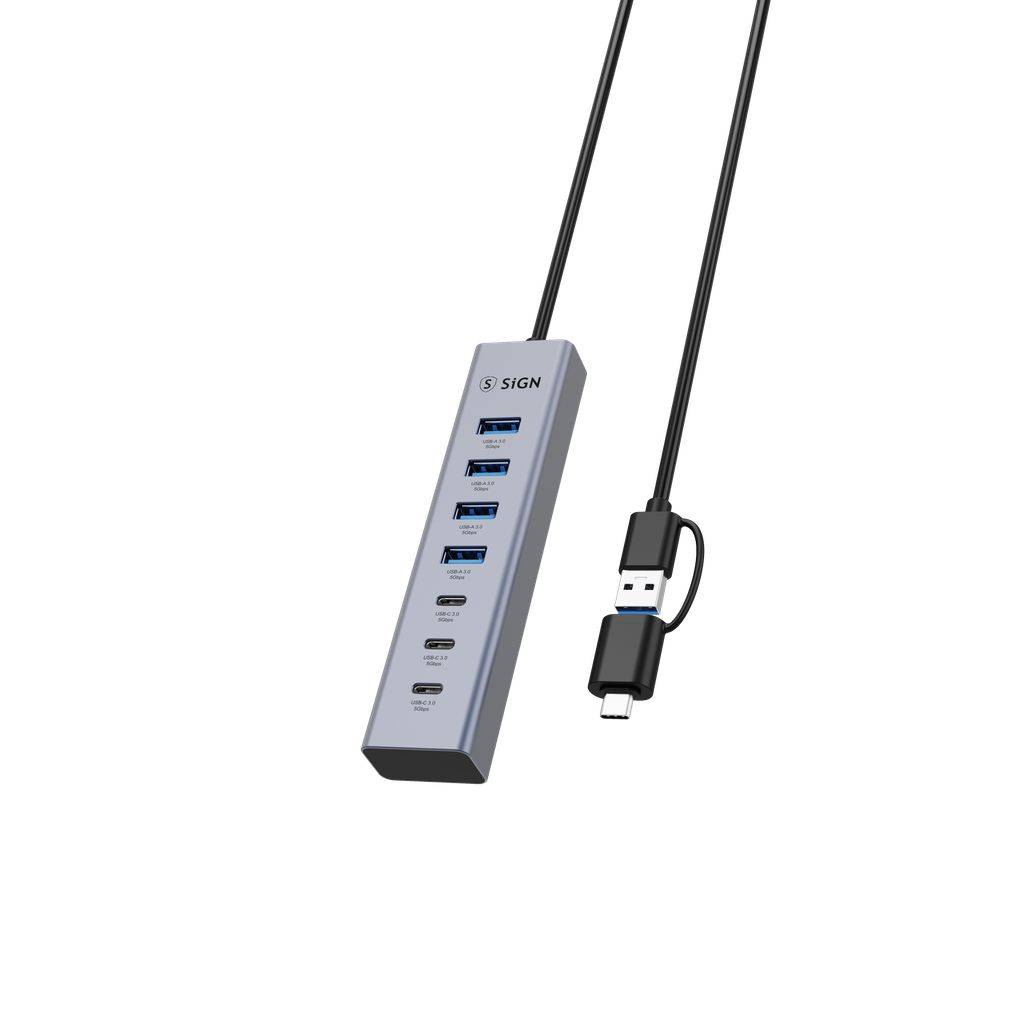 SiGN 7-i-1 USB-hubb 4x USB-A / 3x USB-C, 1.2 m
