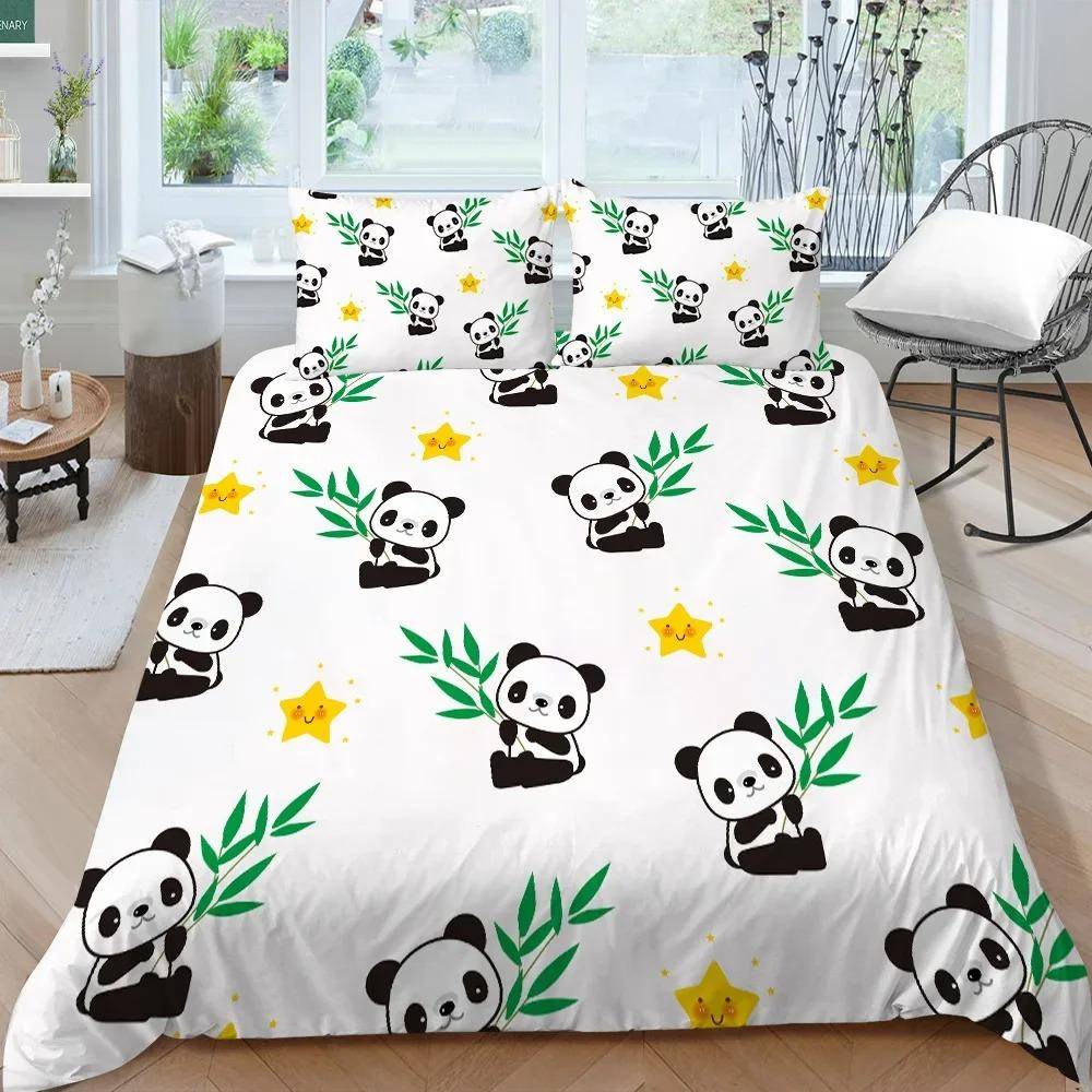 Panda Sängkläder Set för Barn Pojkar Flickor Söt Tecknad Jättepanda Påslakanset KingQueen Storlek Gul Mjuk Polyester Täcke US Queen 228x228cm