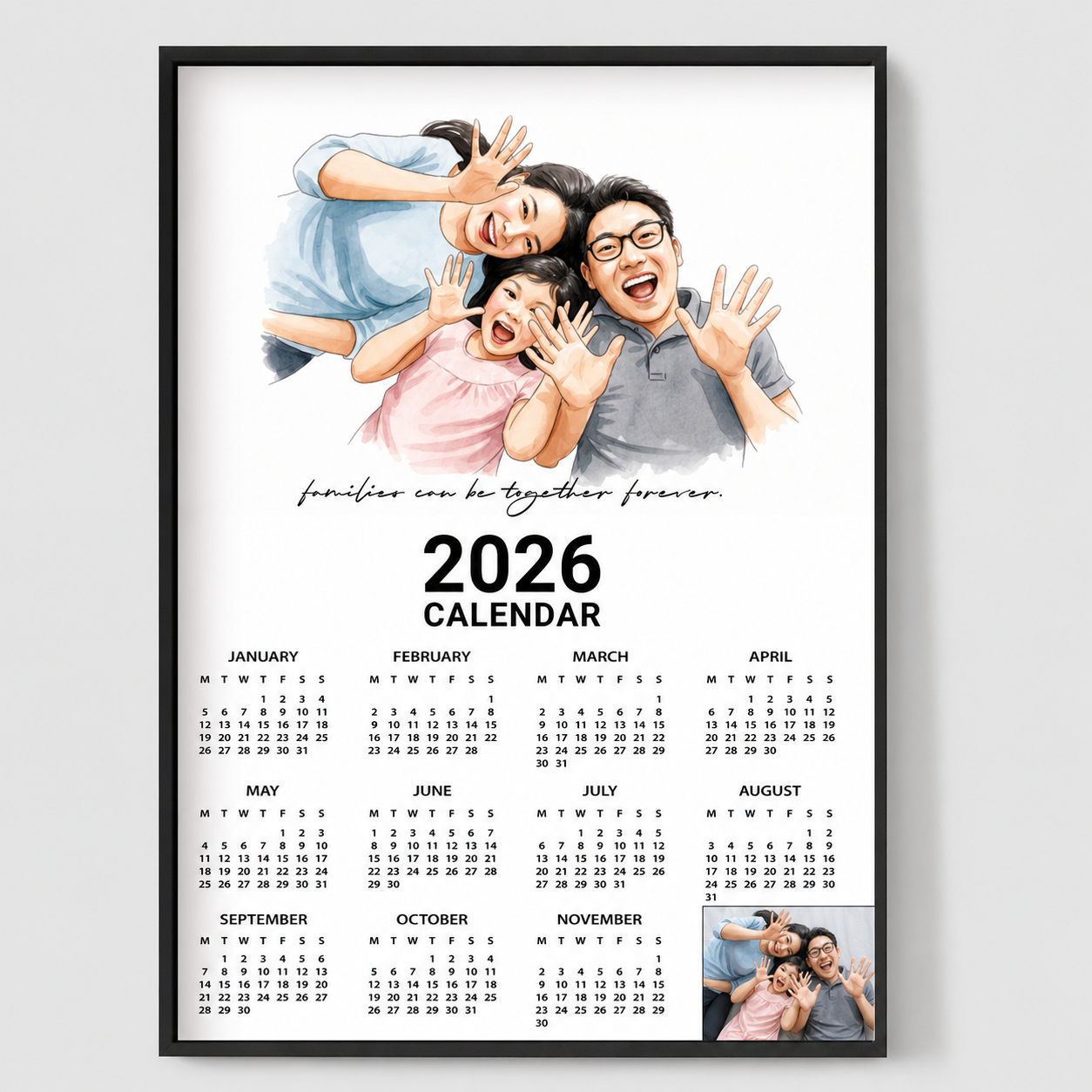 Personaliseret Plakat - 2026 Kalender Familie Akvarel - AI Plakat
