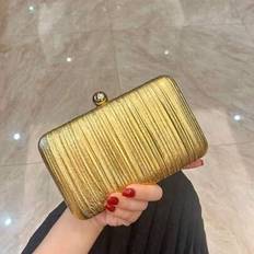Luxury Gold Pleated Beaded Head Dinner Bag, Shiny Gold Purse Tote Square Bag, Textured Hardware, With Detachable Shoulder Strap, Radiant, Elegant, Sop - Gold