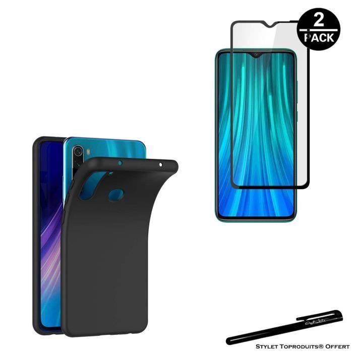 2 Tempered Glasses for Xiaomi Redmi note 8 black edges and 1 soft black protective case with Toproduits® Stylus