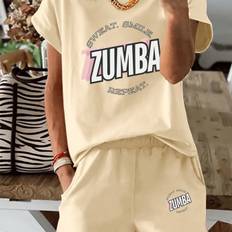 TEMU New Summer 2025, Creative Letter Pattern: Zumba Dance Shirt, Casual Printed Round Neck Short-sleeved Top Elastic Waist Pocket Shorts Women'-piece Suit