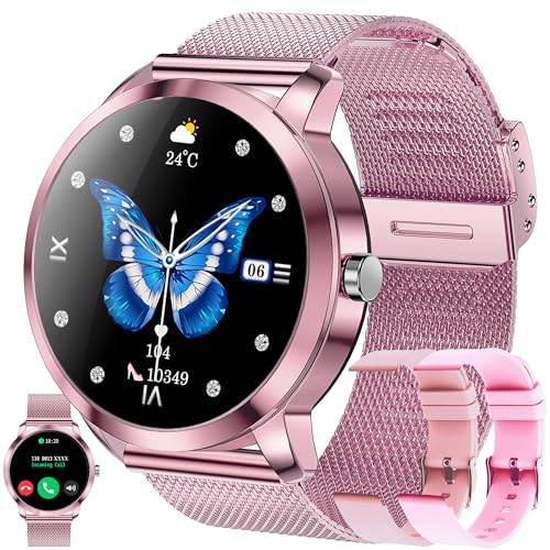 Smart Watch Kvinnor med Telefonsamtal, Talassistent, Smartwatch 3 Armband, 1,09” Rund HD-skärm Smart klocka, Sömnspårare Pulsmätare, 123 Sportlägen, Fitness tracker Smartwatch för Android iOS (Rosa)