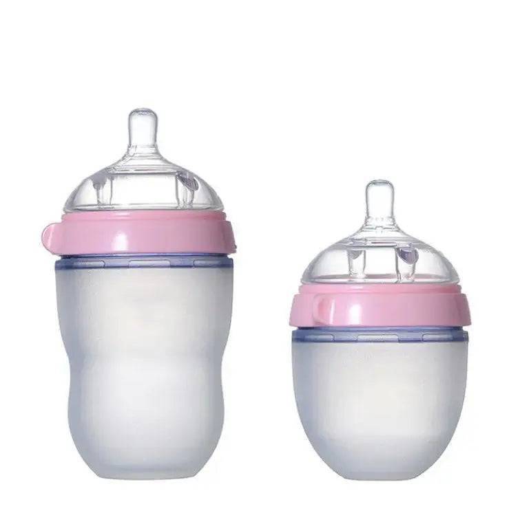 BPA-fri silikon amningsflaska mot kolik. 150 ml flaska med justerbar napp + 250 ml flaska med justerbar napp för mjölk och amning. - rosa