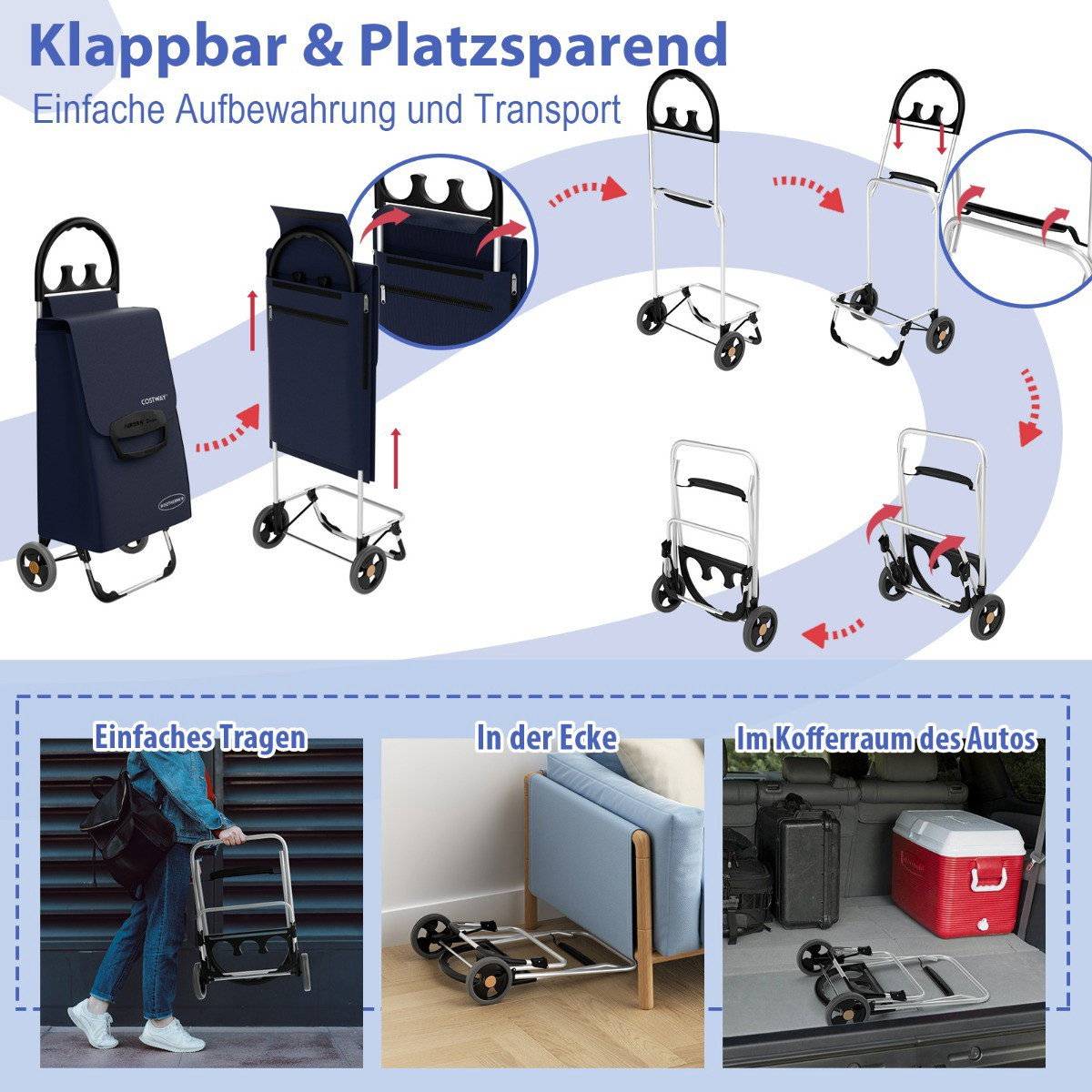Hopfällbar kundvagn, 70L avtagbar väska, aluminium
