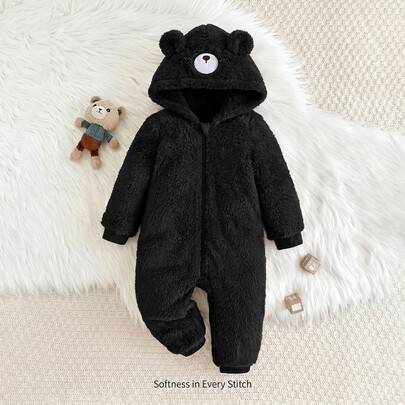 Baby pojke tecknad kaninmönster 3D-öron huva termofodrad medel tjock helkroppslångbyxa - Svart (6-9M,9-12M,12-18M,18-24M,2-3Y,0-1M,1-3M,3-6M)