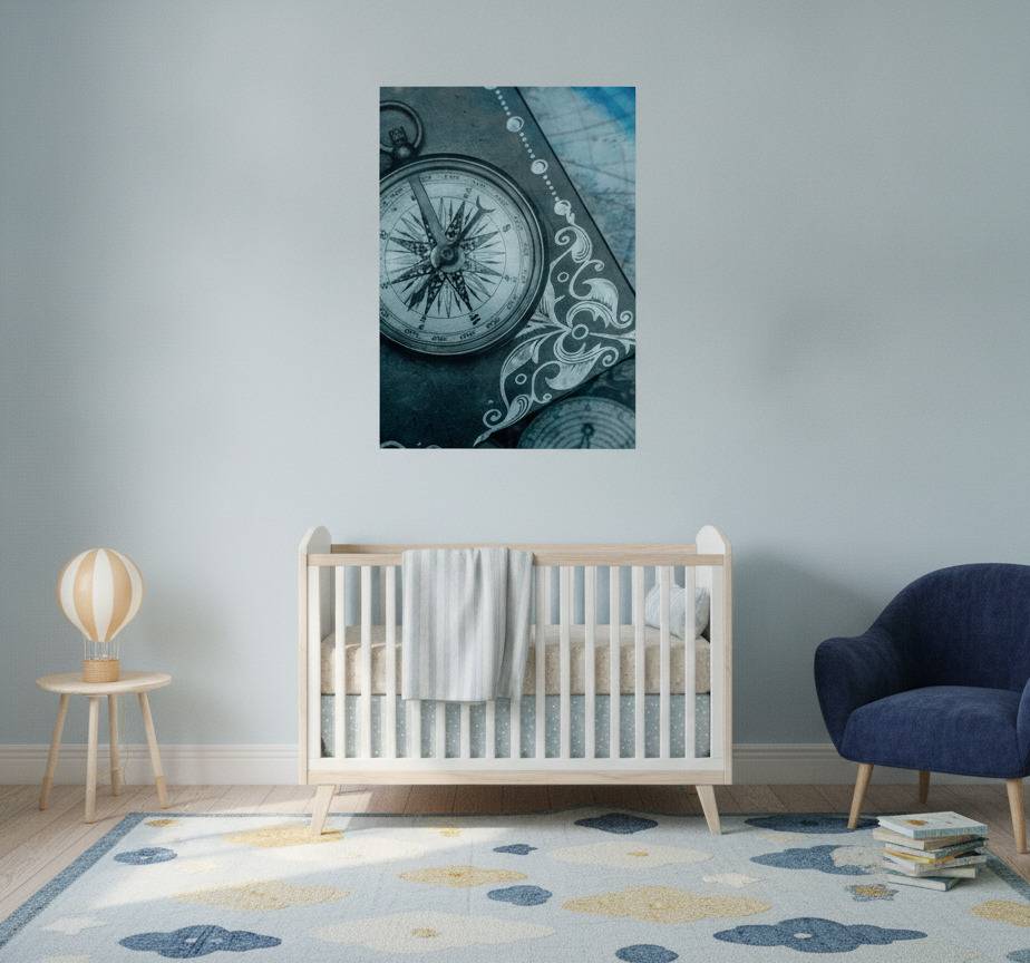 Världskarta poster gammal kompass på blå