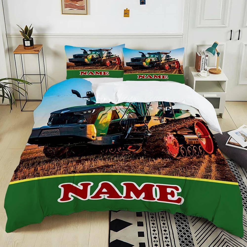 Ny! Personligt anpassat namn Retro Traktormönster Tryckt Säng 3-delat Set Barn Vuxen Mjuk Sängkläder Jul Halloween Present EU Double 200X200cm