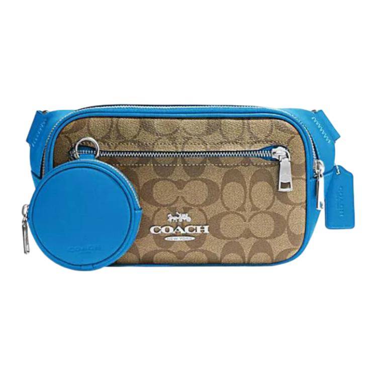 Coach Elias 23 Letter Logo Zip Closure Classic Monogram Leather Crossbody Waist Bag Medium Men bags Blue Brown CJ505-SVVRF Basic Set (Bag+Dust Bag)