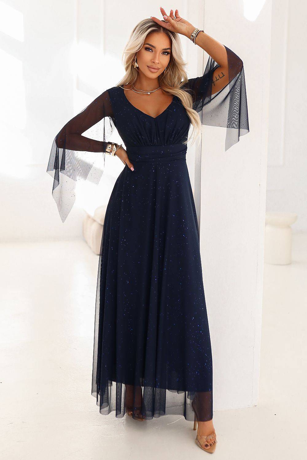 Numoco - Elegant Glittery Wrap Maxi Dress with Butterfly Sleeves - Navy Blue - one-size-fits-all