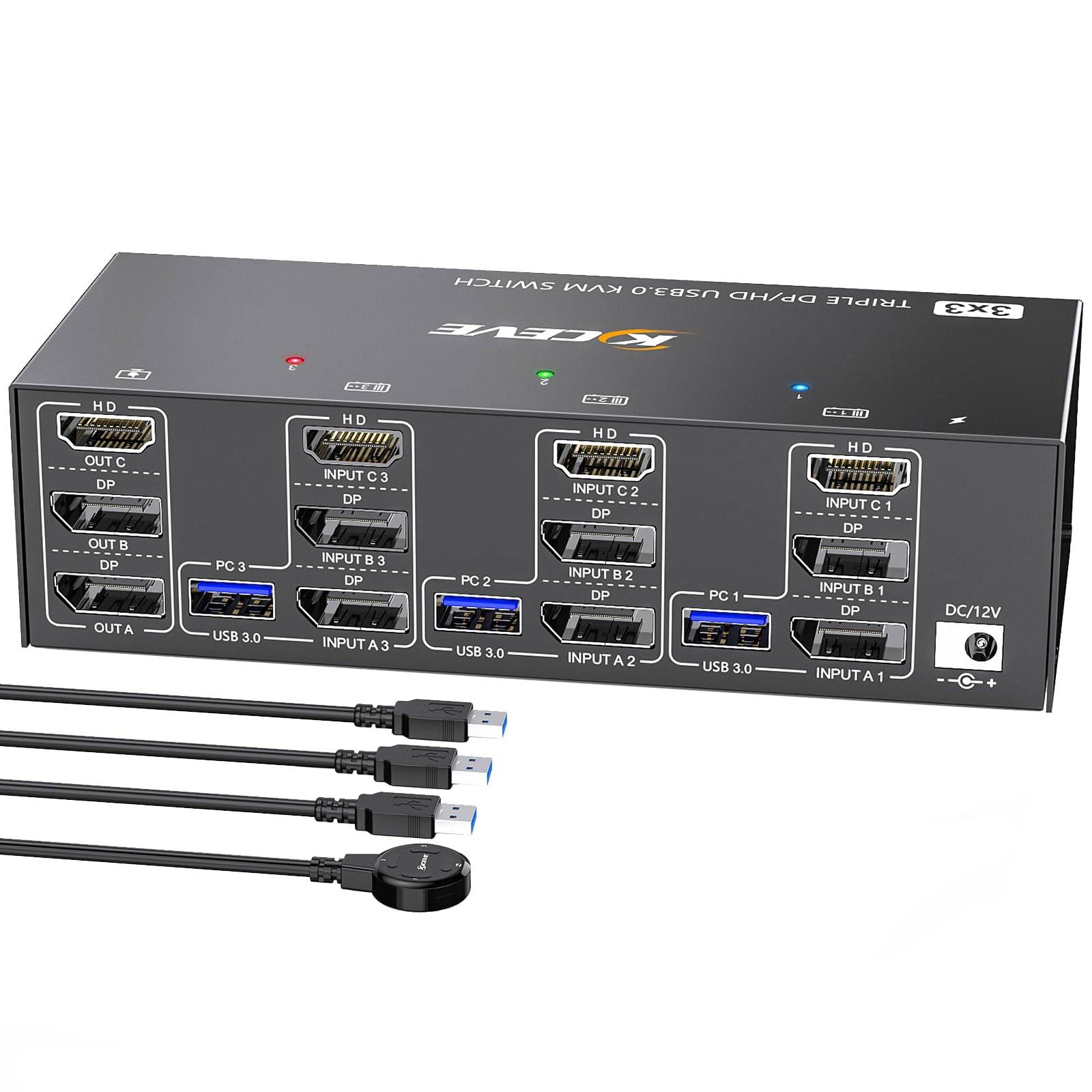 2 DisplayPort + HDMI USB 3.0 KVM Switch for 3 Monitors/3 Computers, 8K@60Hz, 4K@144Hz Triple Monitor KVM, 4 USB 3.0 Ports, KVM Triple Monitor Keyboard