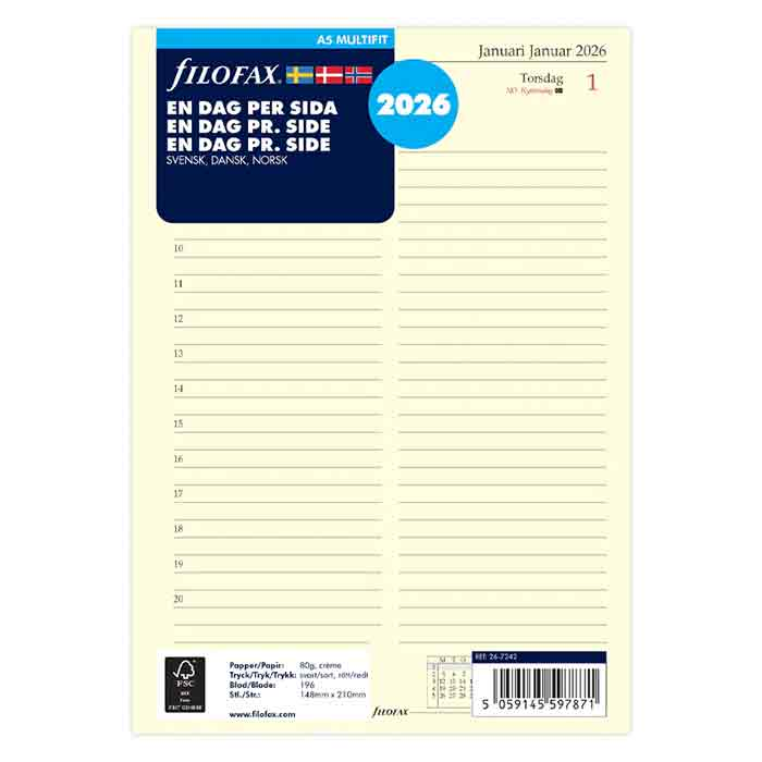 Filofax A5 Dagbok refill 2026 d/s
