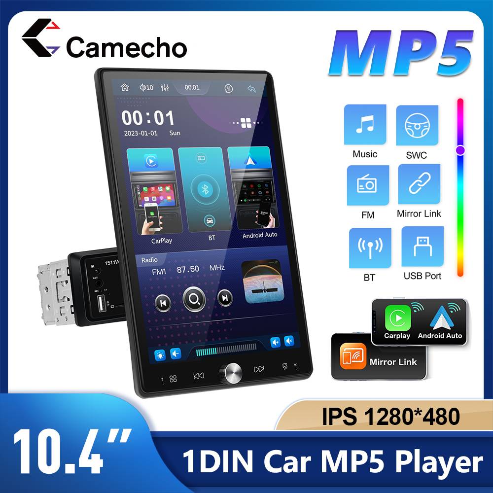 Camecho 1 Din Car Radio 10.4" Rotate Screen Wireless Carplay Android Auto Stereo Bluetooth Mirror link USB Multimedia Player