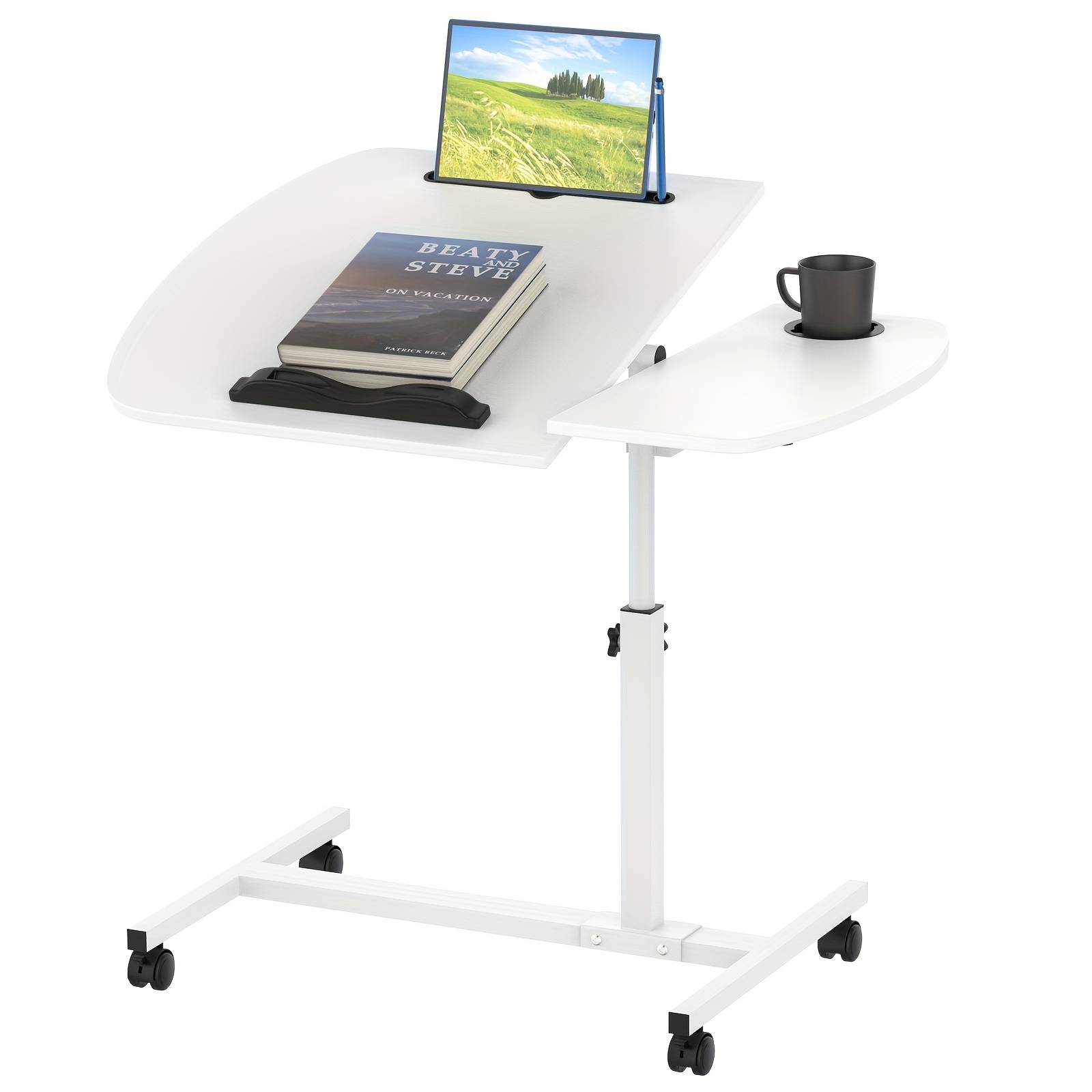 Mobile Standing Desk With Wheels, Bed Table With Computer Desk On Wheels, Adjustable Desktop Computer Table With Slot And Cup Holder, Foldable White Desk 60x40cm