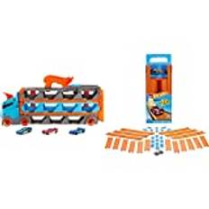 Hot Wheels HGH33 - 2-in-1 Rennbahn-Transporter zur Aufbewahrung mit 3 Fahrzeugen, fasst 20+ Fahrzeuge & BHT77 - Track Builder Pack inklusiv Fahrzeug, Spielzeug Autorennbahn ab 4 Jahren