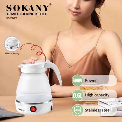 SOKANY 09089 Hopfällbar elektrisk vattenkokare, bärbar resevattenkokare, 600 ml kapacitet, 600 W snabb uppvärmning, hölje i 304 rostfritt stål, siliko - Vitt
