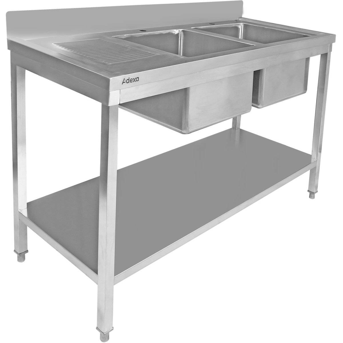 Diskbänk Rostfritt stål 1800x600x900mm 2 hoar till höger & Avrinningsyta Stänkskydd Underhylla | Adexa STT1860R