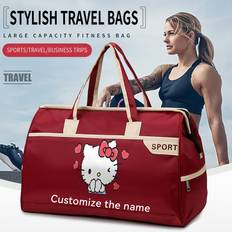TEMU Custom Name Hello Kitty Women's Travel Duffel Bag - Sporty Gym Tote With Shoe Compartment, Adjustable Strap, Durable Weekender Overnight Carry-on Bag (purple/red/black), Hello Kitty Travel Bag