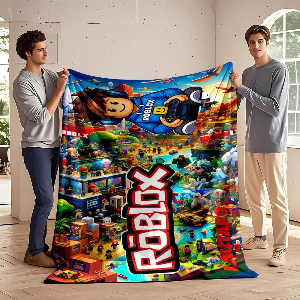 Ljus, Färgstark Roblox-inspirerad Scen Fylld med Karaktärer och Aktiviteter. för Alla Årstider Filt Lunchpaus Pläd Gåva